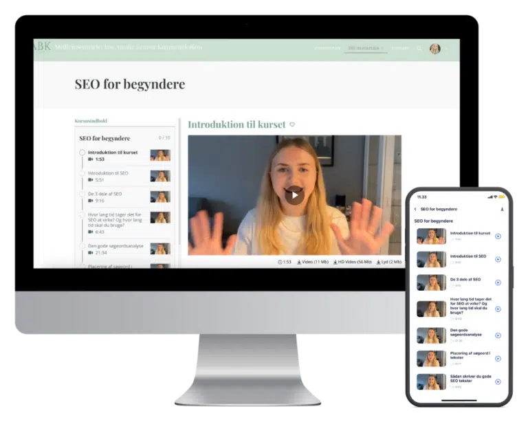 Online SEO-kurset SEO for begyndere vist på computer og telefon