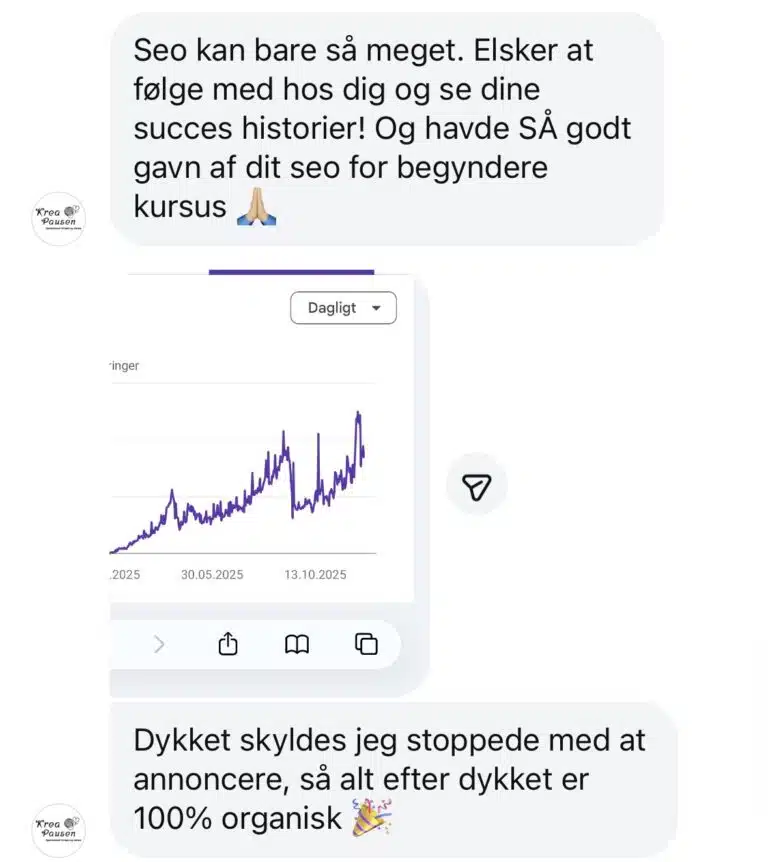 Besked fra kursist: Vild vækst i organiske søgninger på 6 måneder