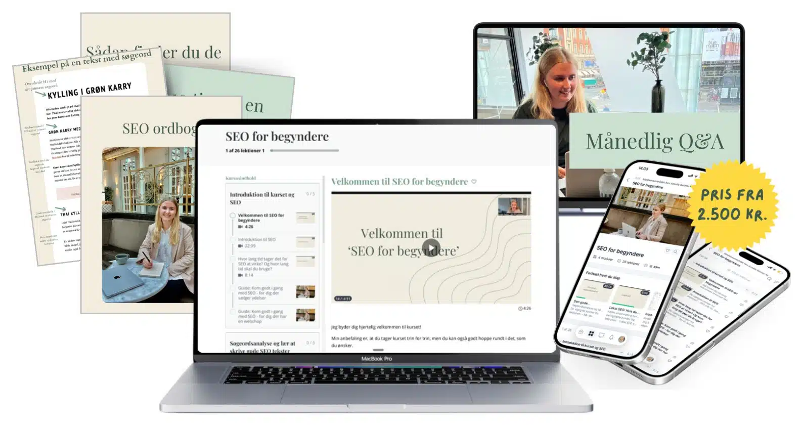 Alt hvad du får med SEO for begyndere: videolektioner, guides og skabeloner, månedlig Q&A og adgang på telefonen, pris fra 2.500 kr.