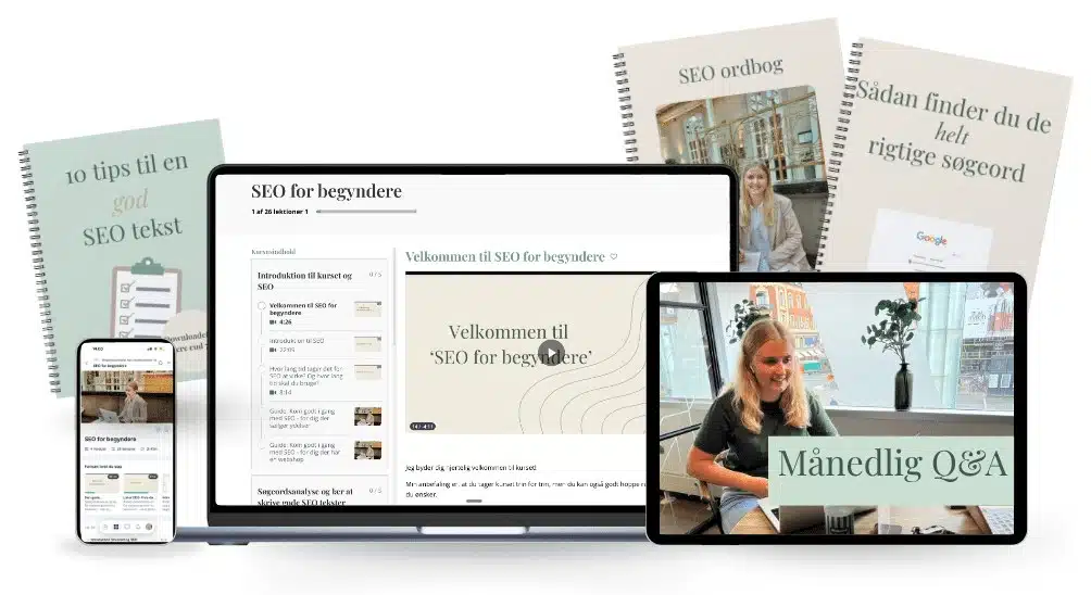 Online SEO-kurset SEO for begyndere med guides og månedlig Q&A vist på computer, telefon og tablet